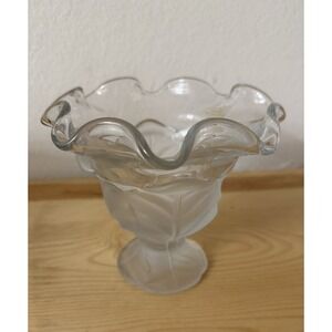 Vintage Viking Glass Clear Satin Cabbage Leaf Compote Bowl Ruffled Edge Pedestal
